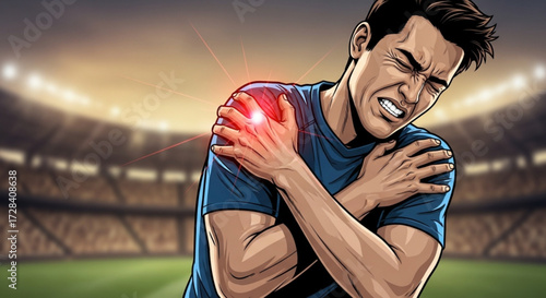 Man clutching his shoulder in pain with a stadium background and red radiating from the shoulder area created with generated ai
