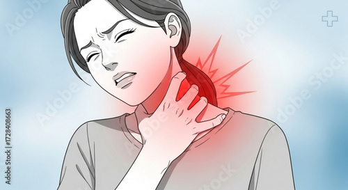 Woman experiencing neck pain with red radiating pain indicators and a hand touching her neck area created with generated ai