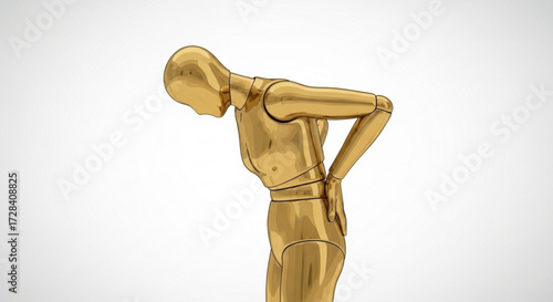 Golden mannequin with back pain bent over with hands on lower back against a white background studio shot created with generated ai