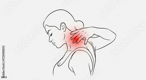 Woman with neck pain rubbing her neck with her hand in a line drawing with red pain indication created with generated ai