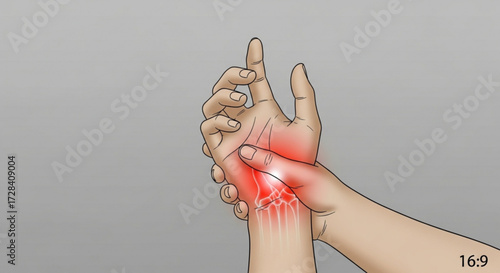 Illustration of a hand experiencing wrist pain with visible bones and red inflammation area shown created with generated ai