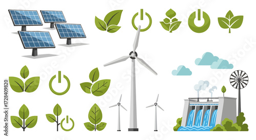 Clean Energy Sources: Solar Panels, Wind Turbines, and Hydroelectric Dam Illustration