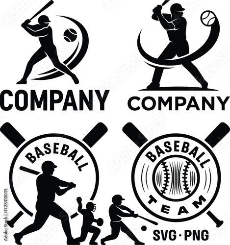 Dynamic baseball team silhouettes showcasing athletes in action and emblematic designs 