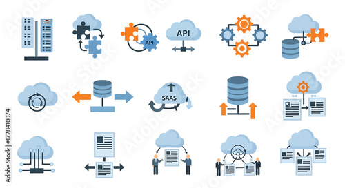 Flat Design Cloud Computing Icons: Data Management, API, SaaS, Server, Network Concepts