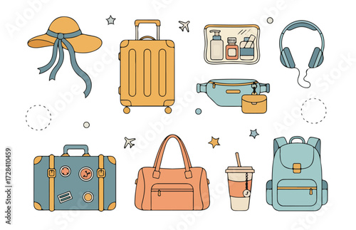 Summer stickers set. Types of baggage for airport collection. Rucksack, suitcase, briefcase and other travel bags, hand luggage and elements. Modern cartoon concept. Vector illustration.