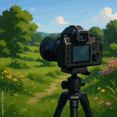 Camera on a tripod capturing a scenic landscape with flowers