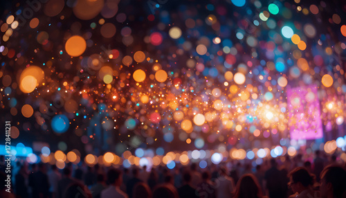 Crowd of people enjoying a concert with colorful bokeh lights in the night