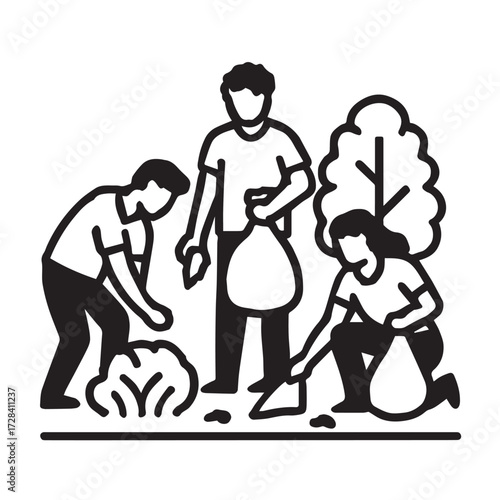 Community clean-up event with white background.