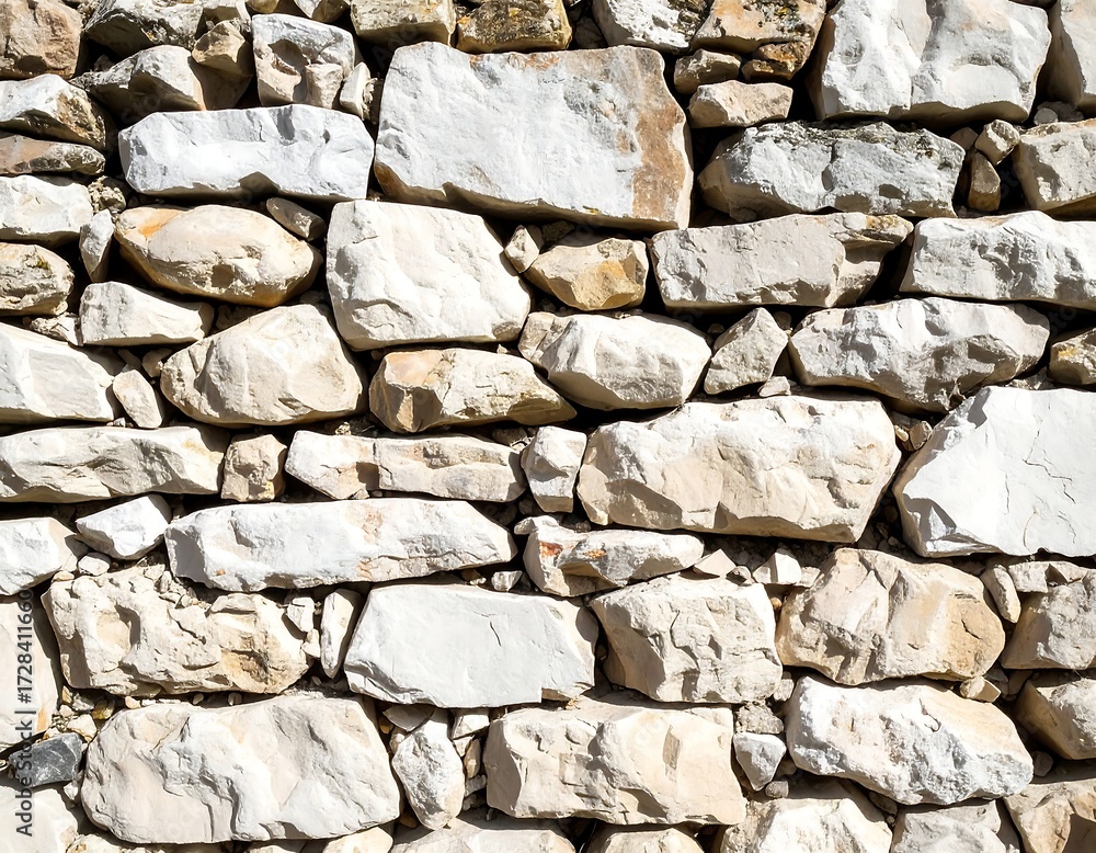 Fototapeta premium A close-up of a rustic stone wall, showcasing varied shapes and shades of light beige and white stones