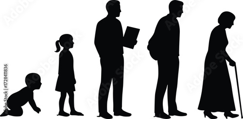 Life stages silhouette, human aging process, baby to elderly, growth evolution, age progression concept, family development, isolated black vector