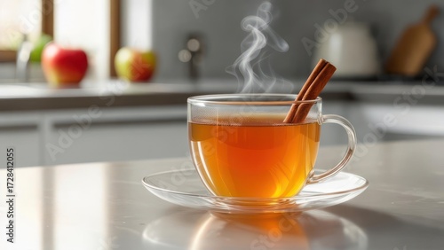 Cozy Kitchen Scene: Steaming Apple Cinnamon Tea in a Glass Cup