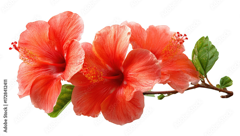Fototapeta premium Close-up of three vibrant coral hibiscus flowers