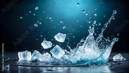Dynamic splash of ice cubes and water in dramatic blue lighting