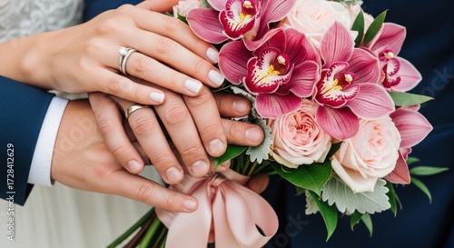Close-up of a bride and groom's hands intertwined, showcasing wedding rings and a vibrant floral bouquet.