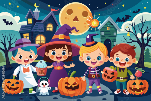 Adorable vector illustration of cute halloween kids trick or treating with pumpkins and haunted houses