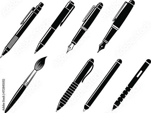 Writing and drawing tool icon set, black and white vector, pen pencil brush stylus, office stationery, sketch equipment, isolated graphic design