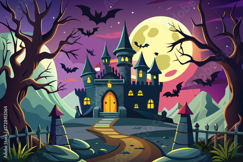 Creepy castle illustration with bats flying under a full moon night sky vector art
