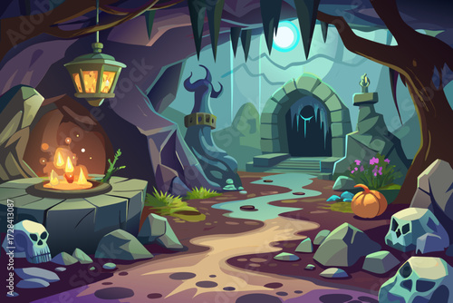 Creepy cave interior vector illustration scalable eps icon for game design and fantasy backgrounds