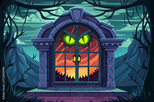 Creepy abandoned window with glowing eyes spooky haunted house halloween vector illustration