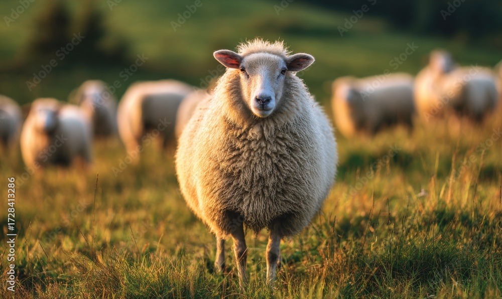 Obraz premium Sheep in a grassy field at sunset