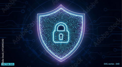 Glowing shield with circuit pattern and padlock symbolizing digital security and data protection concept created with generated ai