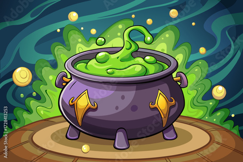 Whimsical cartoon cauldron with bubbling green potion on wooden stage vector illustration for magical themes