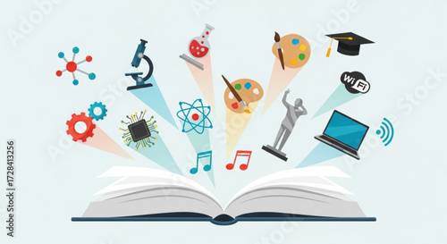 Open book with science art music and technology icons floating above it on a light blue background created with generated ai