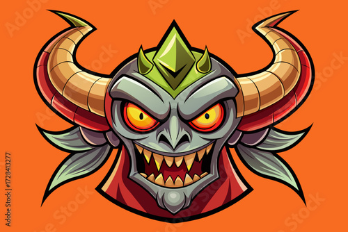 Cartoon demon face with golden horns and fierce eyes - scalable vector illustration for games and graphics