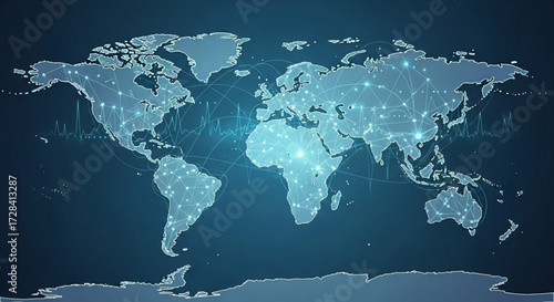 World map with network connections and data visualization in blue tones and glowing points created with generated ai
