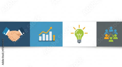 Illustration of business concepts including handshake, growth chart, idea and teamwork icons created with generated ai