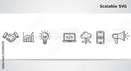 Illustration of business icons including handshake graph lightbulb laptop cloud phone and megaphone design created with generated ai
