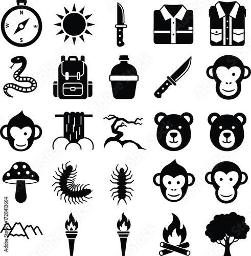 Jungle, Wildlife, and Survival Vector Icon Set.