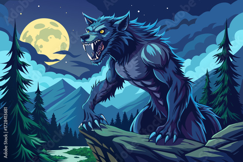 Vector illustration of a fierce werewolf howling at a bright full moon in a mystical forest landscape
