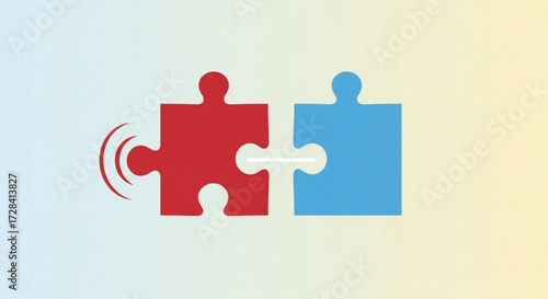 Two puzzle pieces connected with a signal on the left, one red and one blue, on a light gradient background created with generated ai