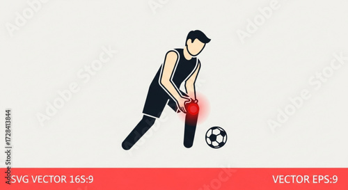 Illustration of soccer player with knee injury and red glow with soccer ball near him on white background created with generated ai