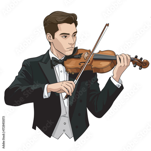 An elegant male violinist dressed in a classic tuxedo passionately performing a symphony on his string instrument