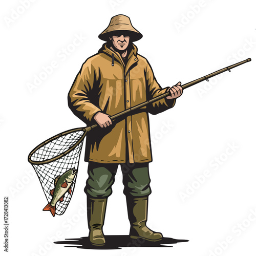 Skilled fisherman in classic waterproof coat and hat, holding a fishing rod and a net with a freshly caught fish, depicting a successful day of angling