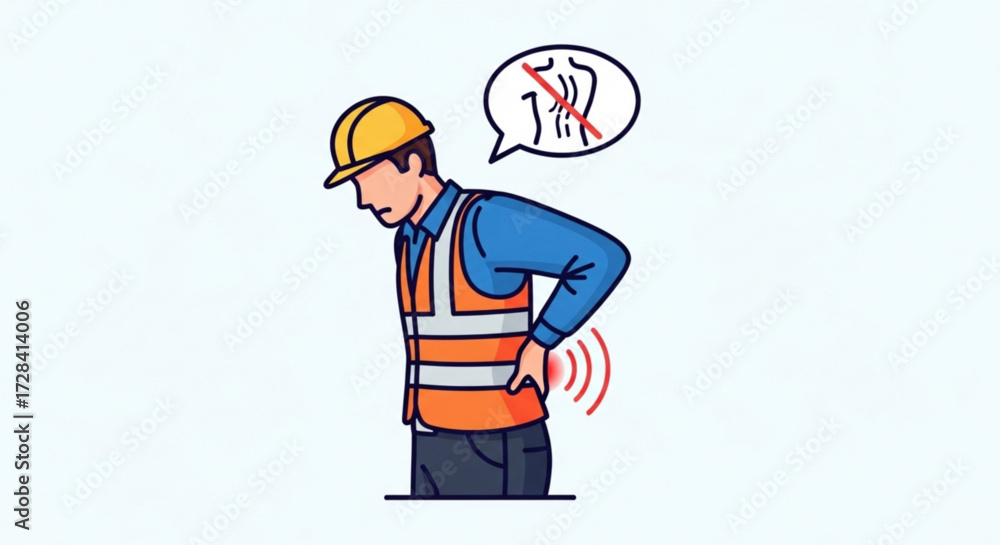 Fototapeta premium Construction worker in safety vest experiencing back pain with back injury warning symbol above him created with generated ai