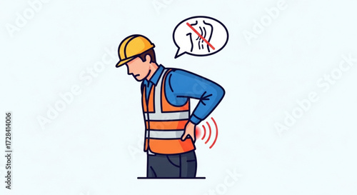 Construction worker in safety vest experiencing back pain with back injury warning symbol above him created with generated ai