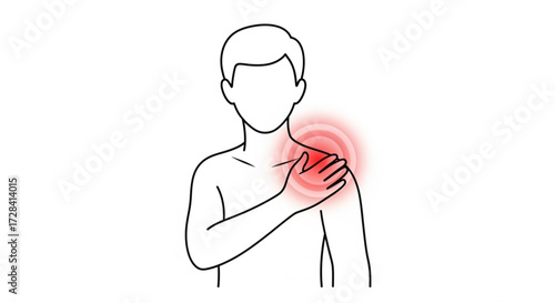 A man with shoulder pain is depicted with a red radiating area indicating discomfort and inflammation around the area created with generated ai