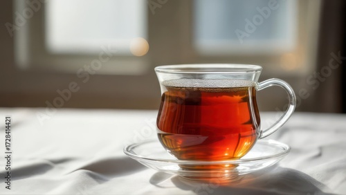 Elegant Glass Teacup of Rich Amber Tea Bathed in Soft Window Light