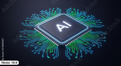 Illustration of a central processing unit with ai inscription and circuit board connections around it created with generated ai