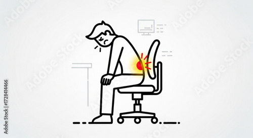 Man sitting with back pain at desk in office chair with computer and desk visible in the background created with generated ai
