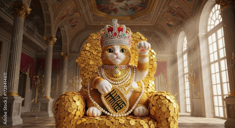 Cute Cartoon Cat Wearing Crown Jewelry Sitting on Gold Coin Throne in Elegant Palace