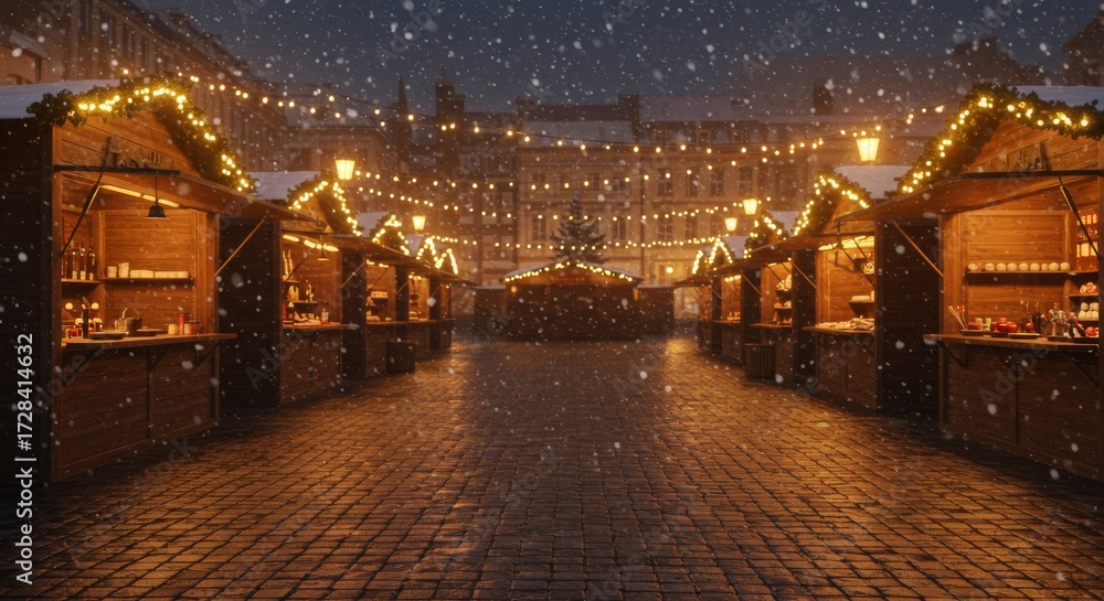 Fototapeta premium Christmas Market square, glowing wooden stalls under soft snowfall, golden string lights reflecting on cobblestones