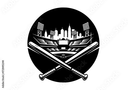 Vector art of vintage baseball logo with city skyline and crossed bats in monochrome design
