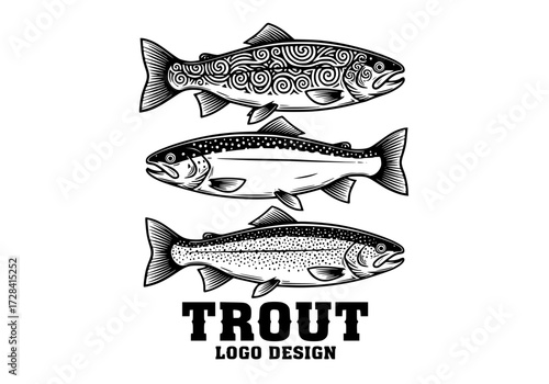 Vector art of three trout fish logo design with black line art