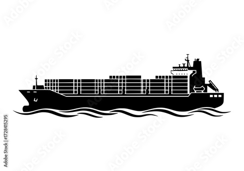 Vector art of black silhouette of cargo ship with containers