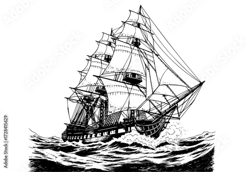 Vector art of vintage black and white illustration of a classic sailing ship with multiple masts in rough seas