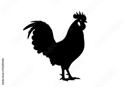 Vector art of black silhouette of rooster with sharp beak and tail feathers